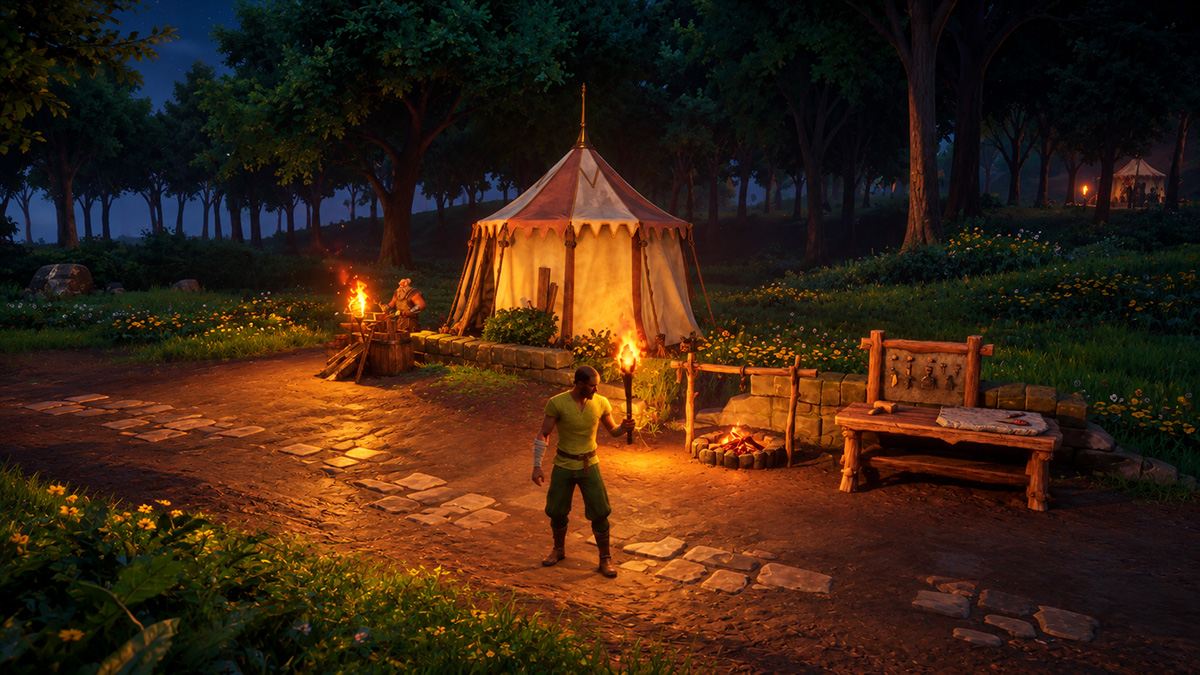 A new adventurer holding a torch beside a tent, campfire and crafting table at night