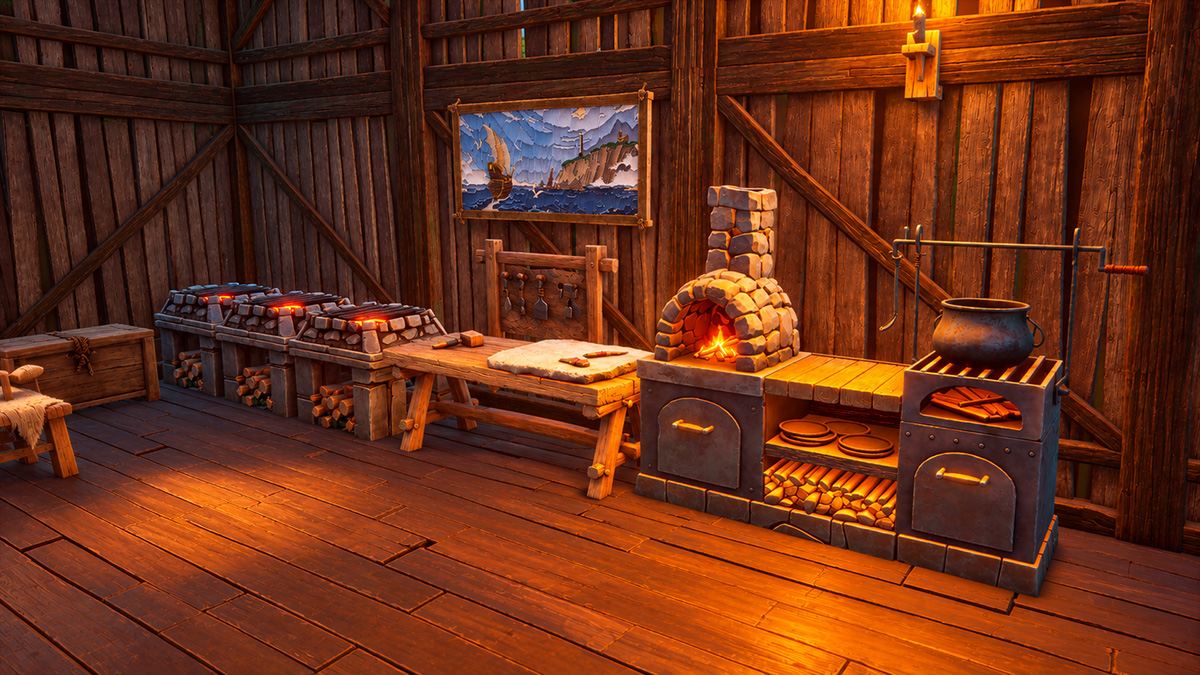A stone range, cooking range and grills inside a wooden cabin