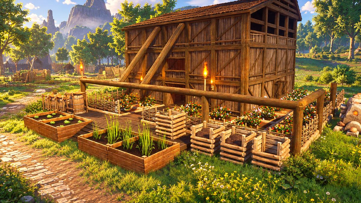 A wooden farmhouse surrounded by raised crop beds and log planters