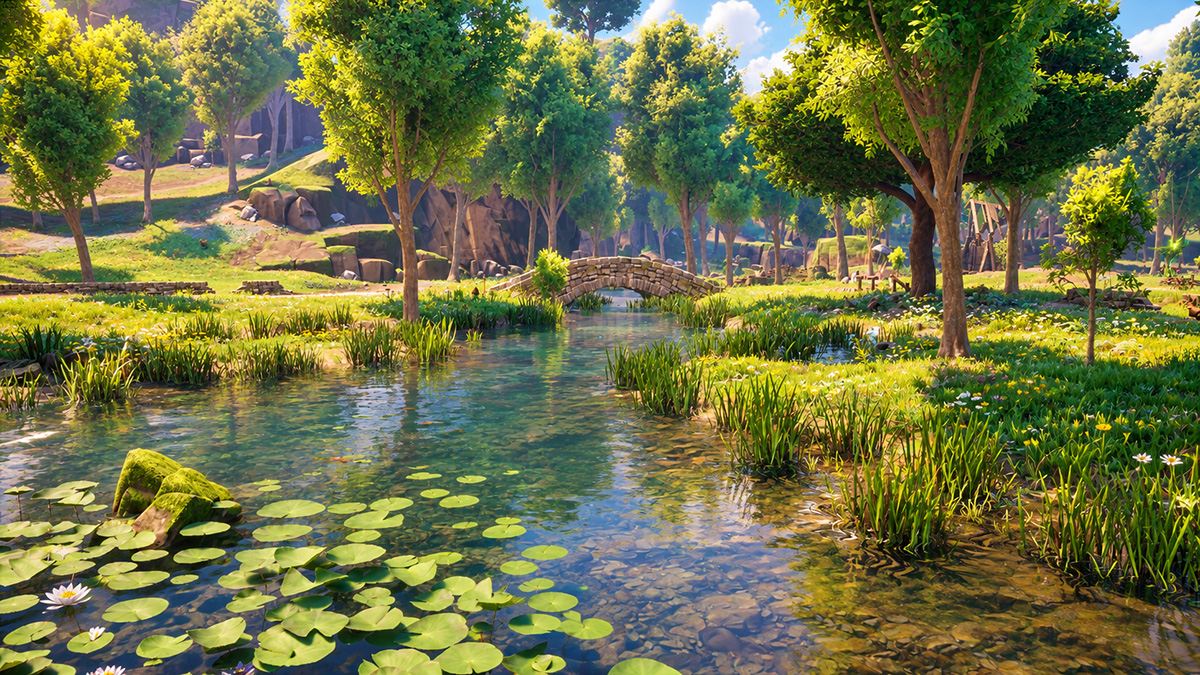 A clear river with lily pads, reeds and a stone bridge