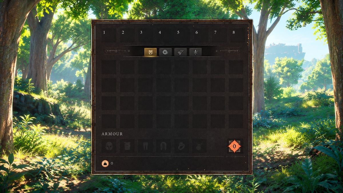 The empty inventory screen: an 8-slot hotbar, four rows of 8 bag slots, and an armour row
