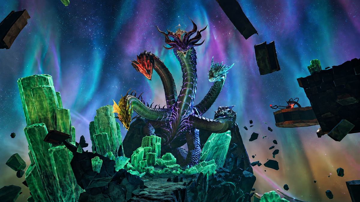 Kuldra, the many-headed God-Eater, rising from green crystals under an aurora-lit sky