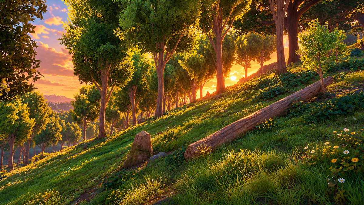 A sunlit forest hillside with a felled log and a tree stump